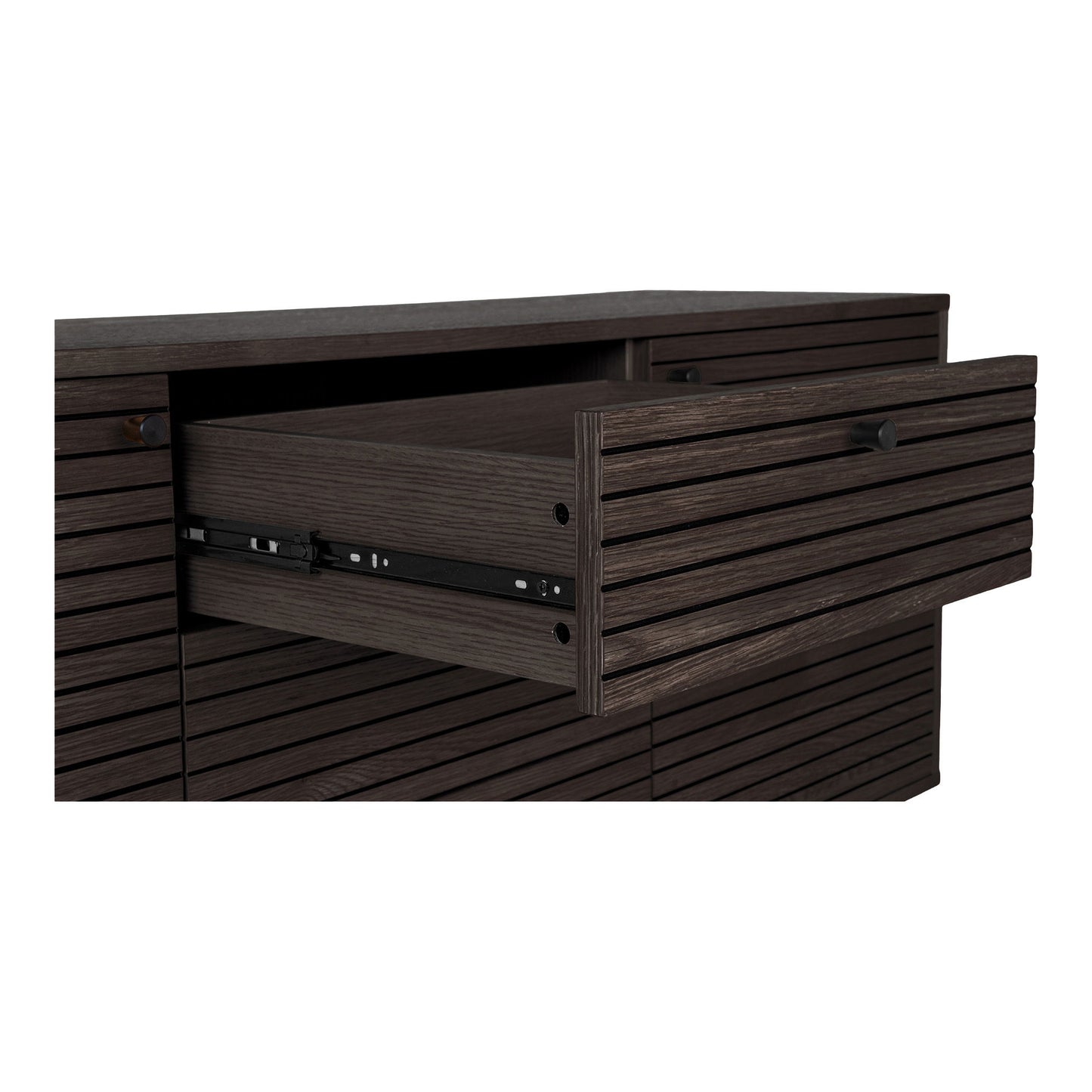Comoda cu 3 sertare, 2 usi, furnir de stejar smoked, picioare metalice negre, detaliu