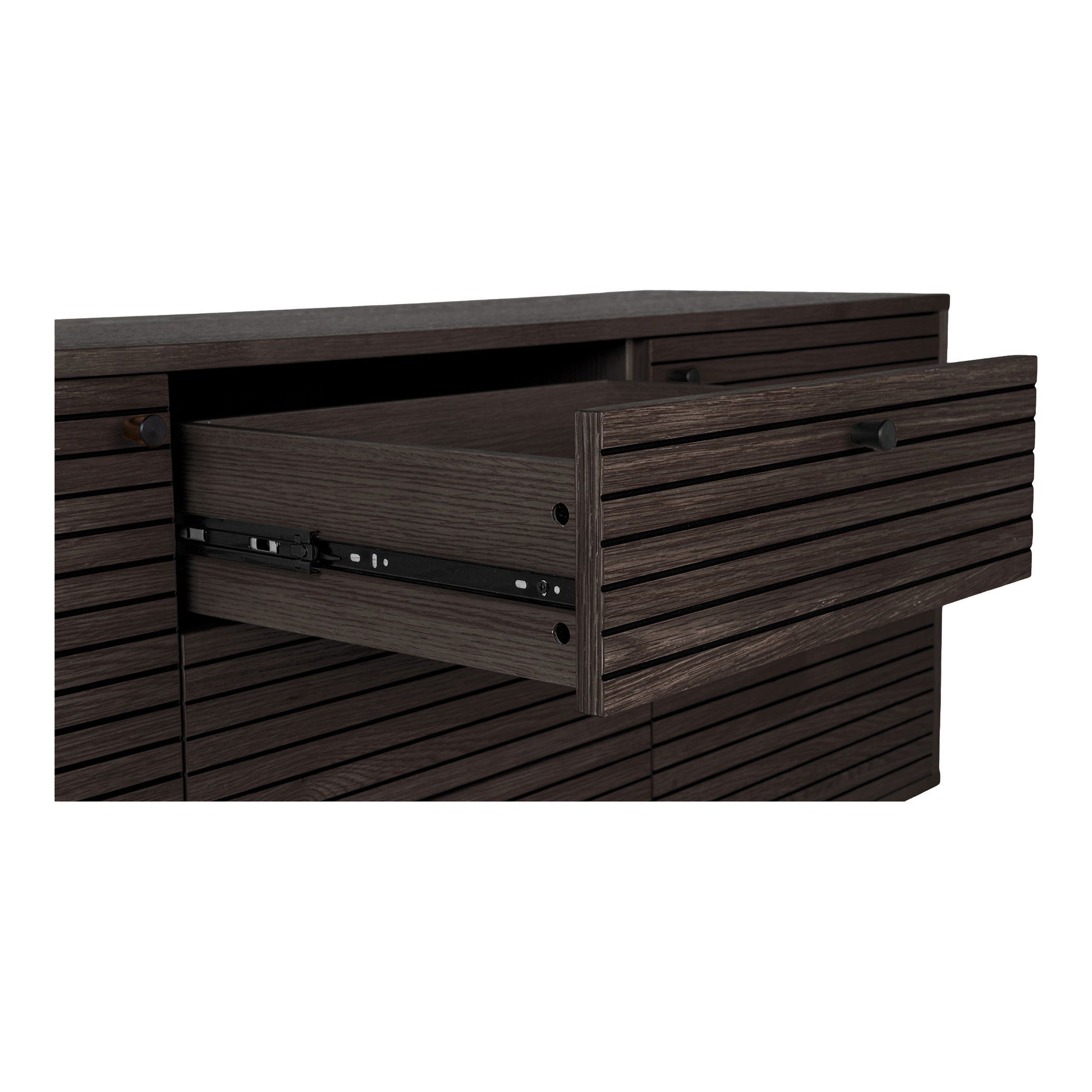 Comoda cu 3 sertare, 2 usi, furnir de stejar smoked, picioare metalice negre, detaliu