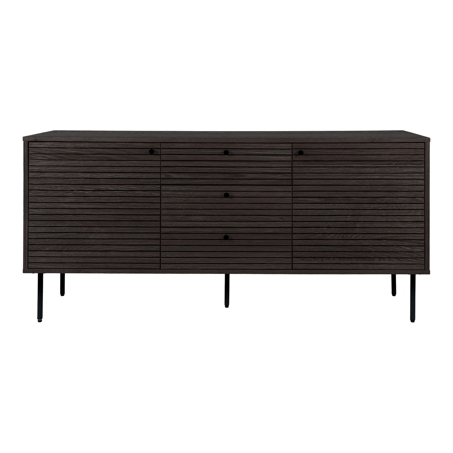 Comoda cu 3 sertare, 2 usi, furnir de stejar smoked, picioare metalice negre