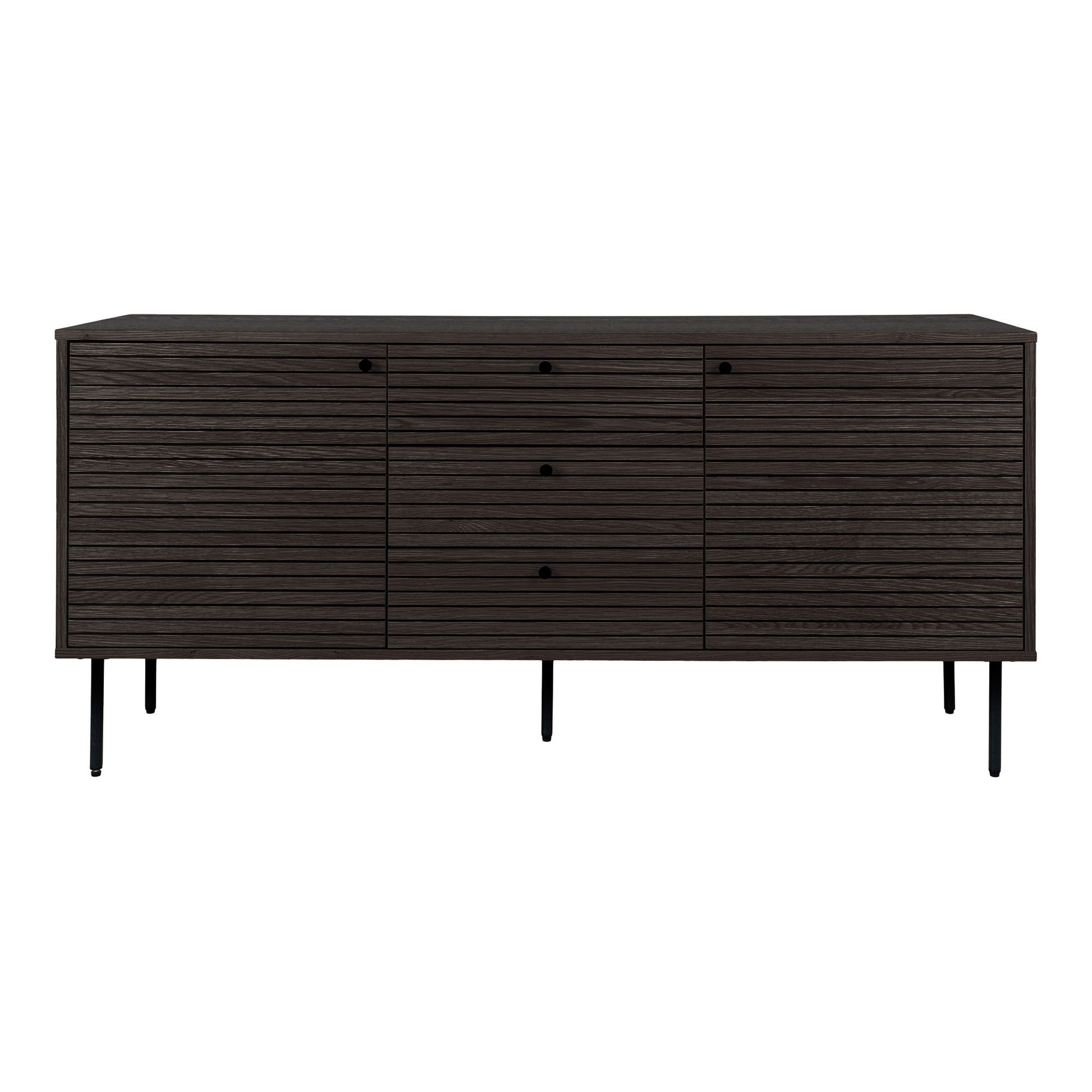 Comoda cu 3 sertare, 2 usi, furnir de stejar smoked, picioare metalice negre