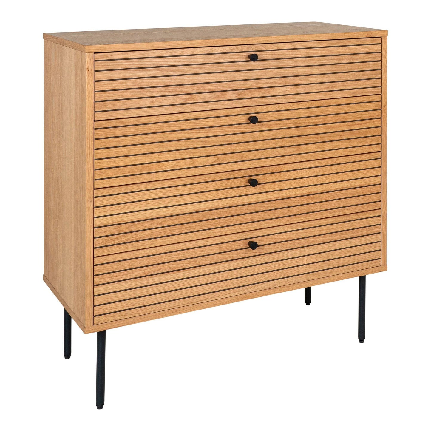 Comoda cu 4 sertare, furnir de stejar, natur, picioare metalice negre