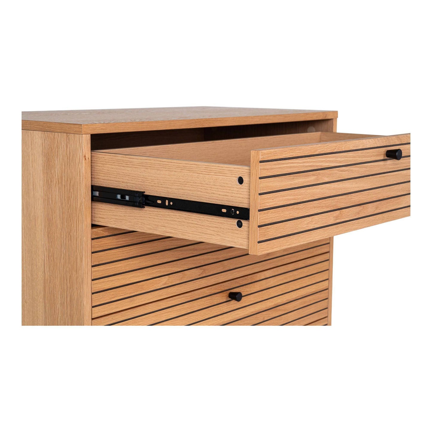 Comoda cu 4 sertare, furnir de stejar, natur, picioare metalice negre, detaliu