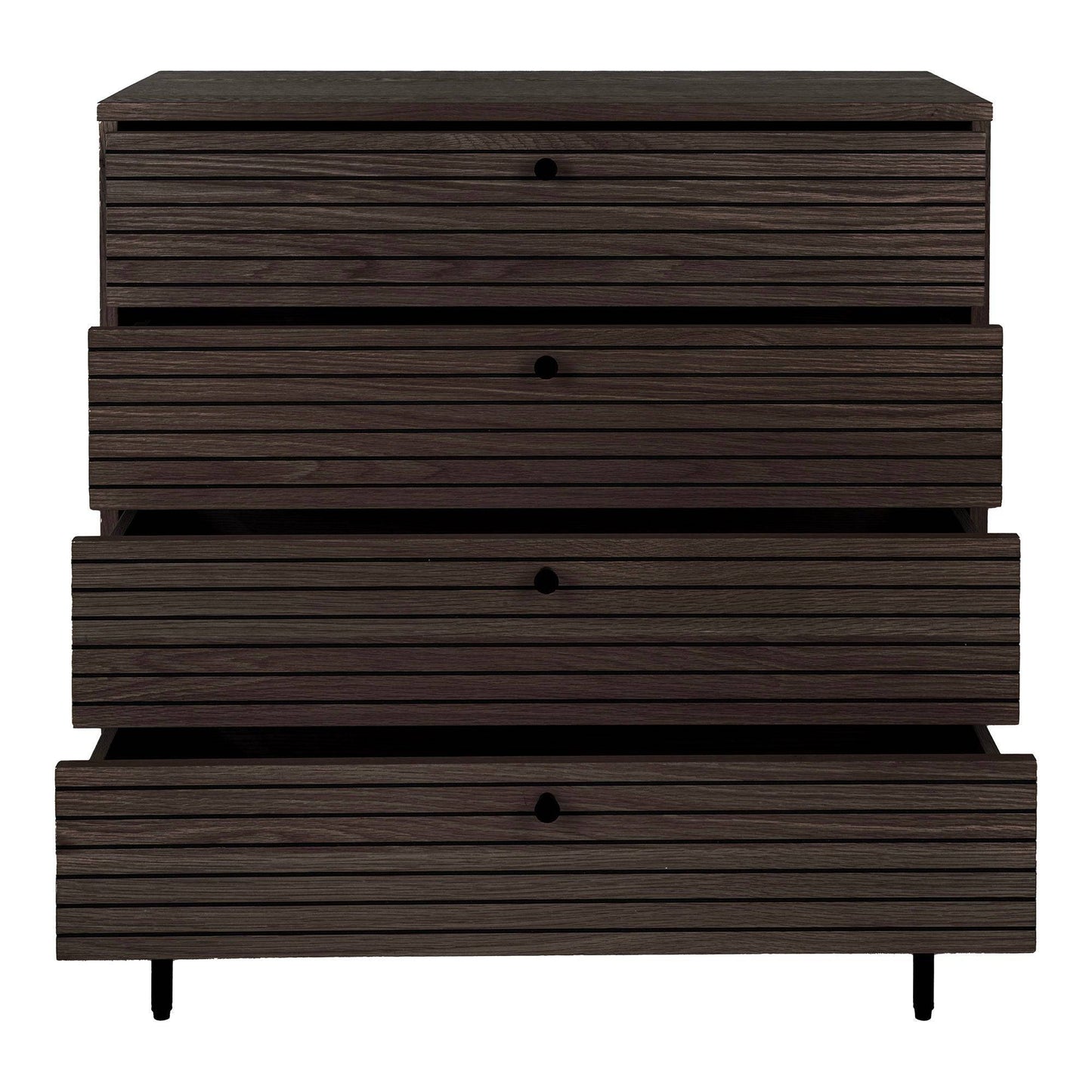 Comoda cu 4 sertare, furnir de stejar afumat, picioare metalice negre