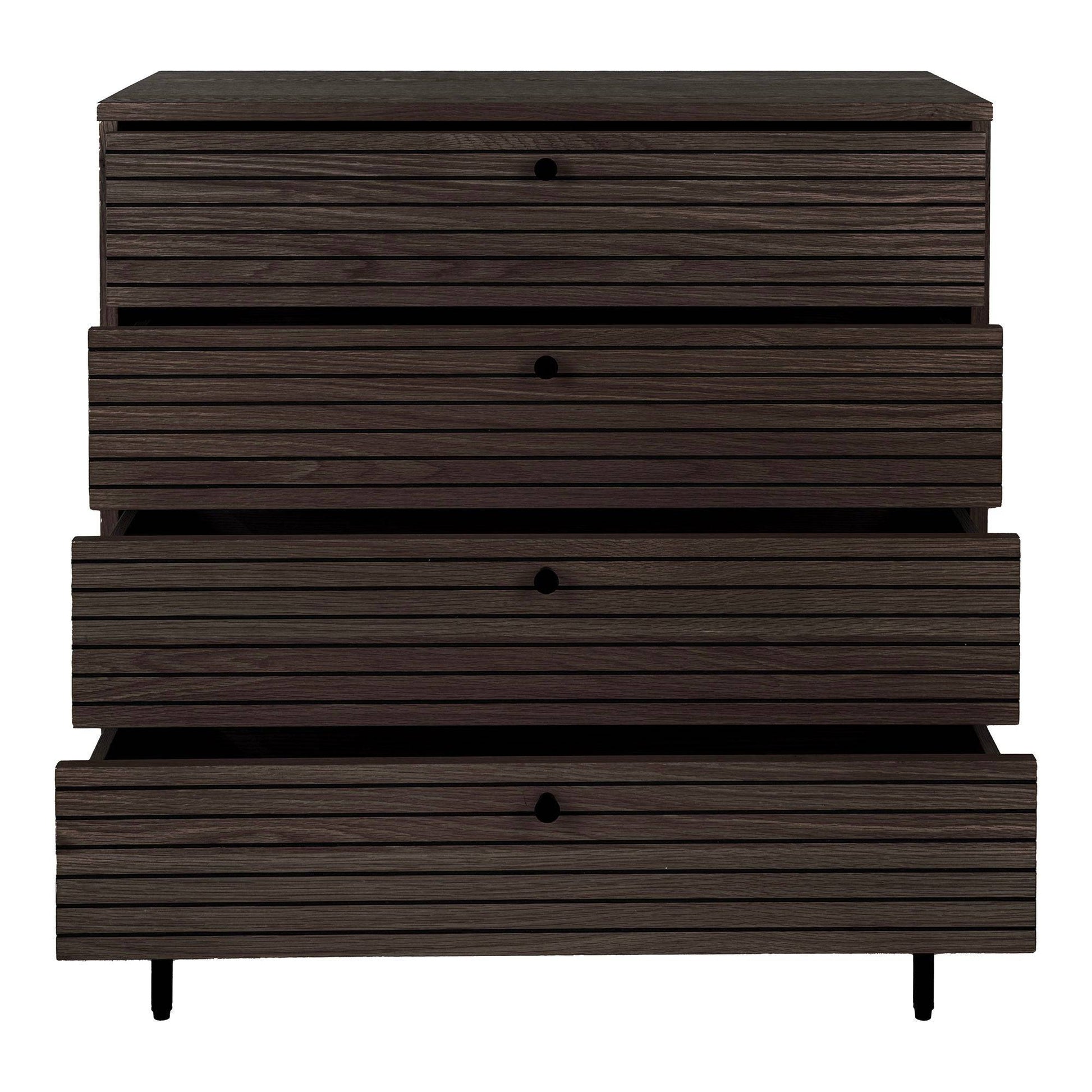 Comoda cu 4 sertare, furnir de stejar afumat, picioare metalice negre