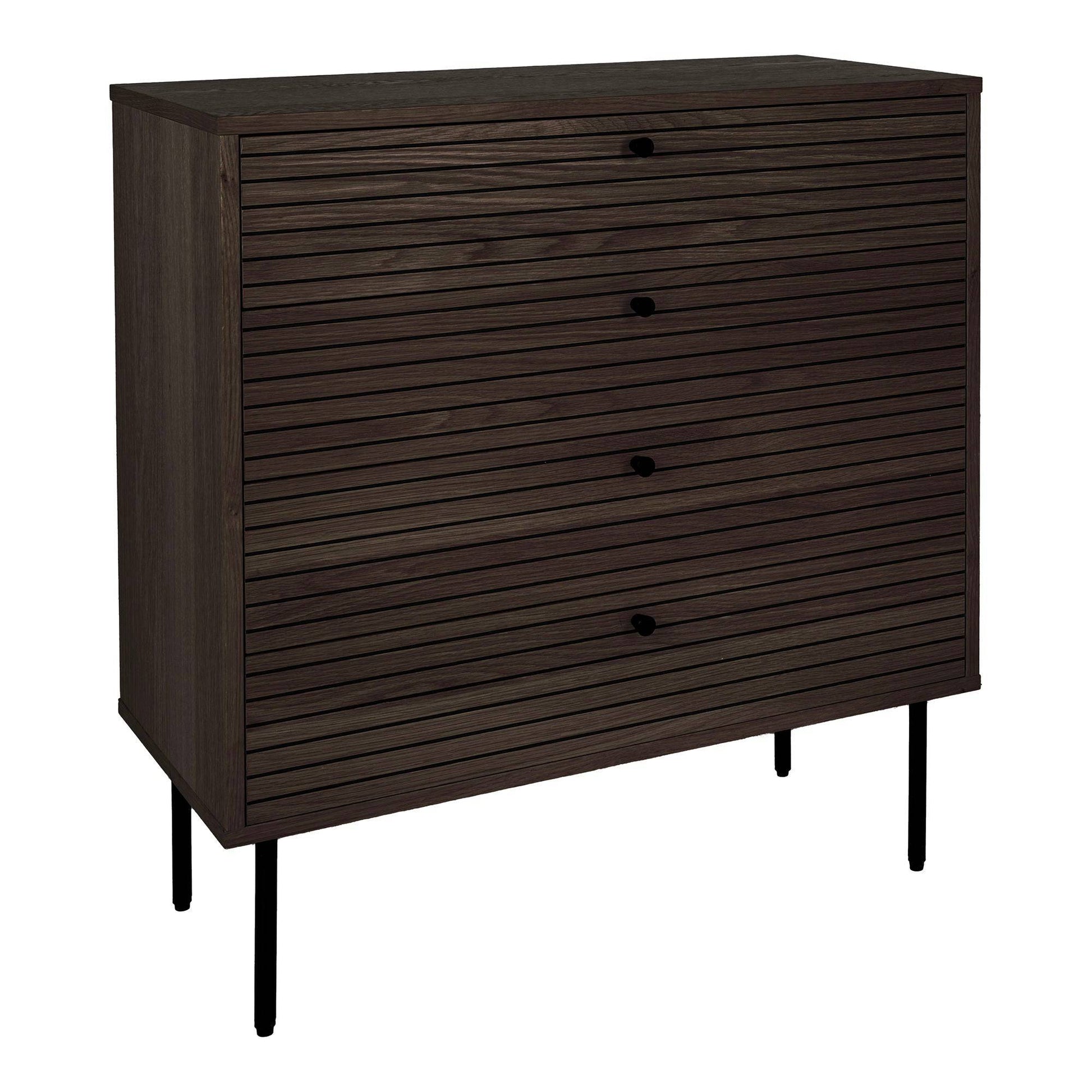 Comoda cu 4 sertare, furnir de stejar afumat, picioare metalice negre