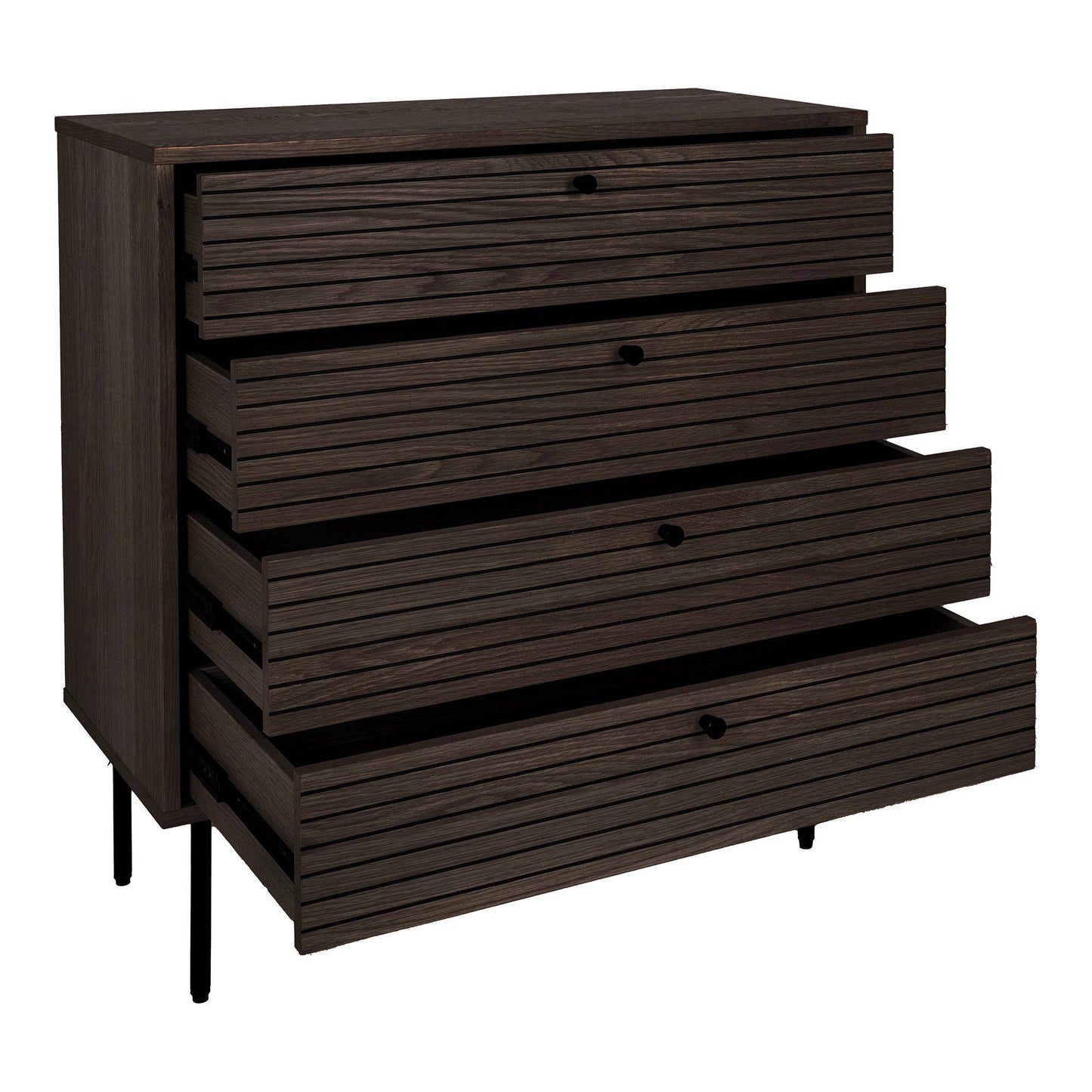 Comoda cu 4 sertare, furnir de stejar afumat, picioare metalice negre