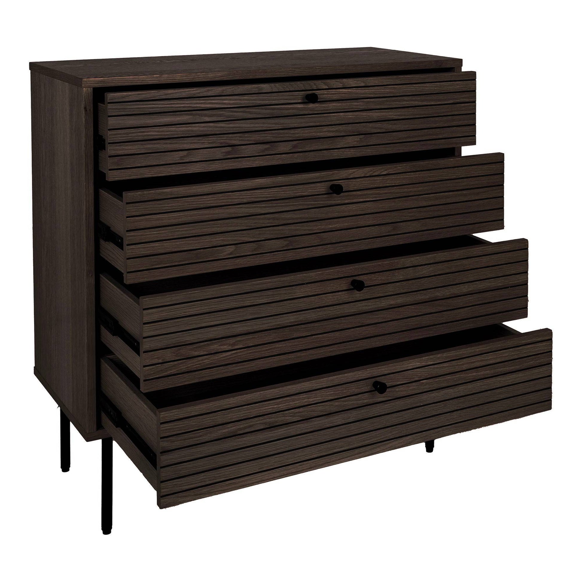 Comoda cu 4 sertare, furnir de stejar afumat, picioare metalice negre