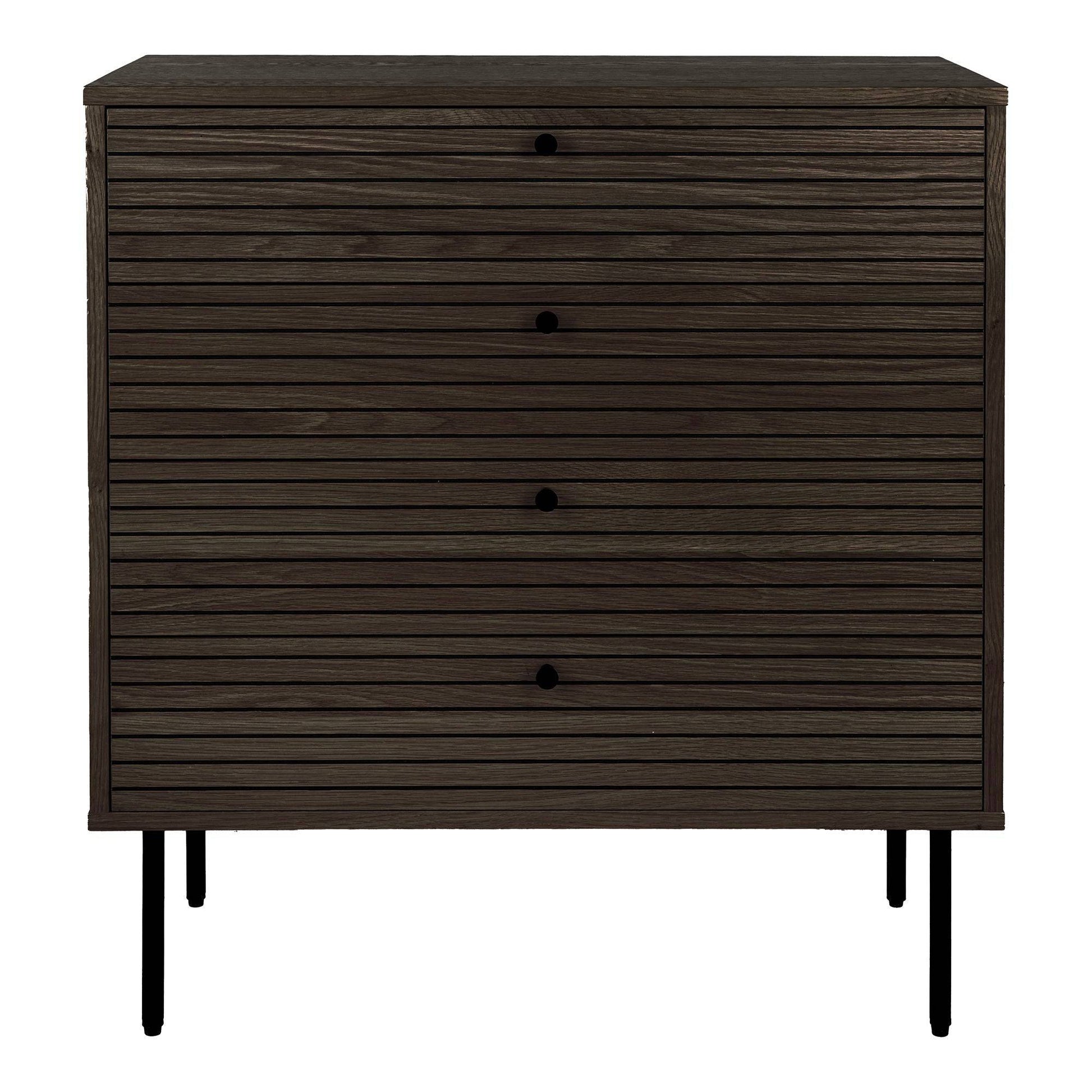 Comoda cu 4 sertare, furnir de stejar afumat, picioare metalice negre