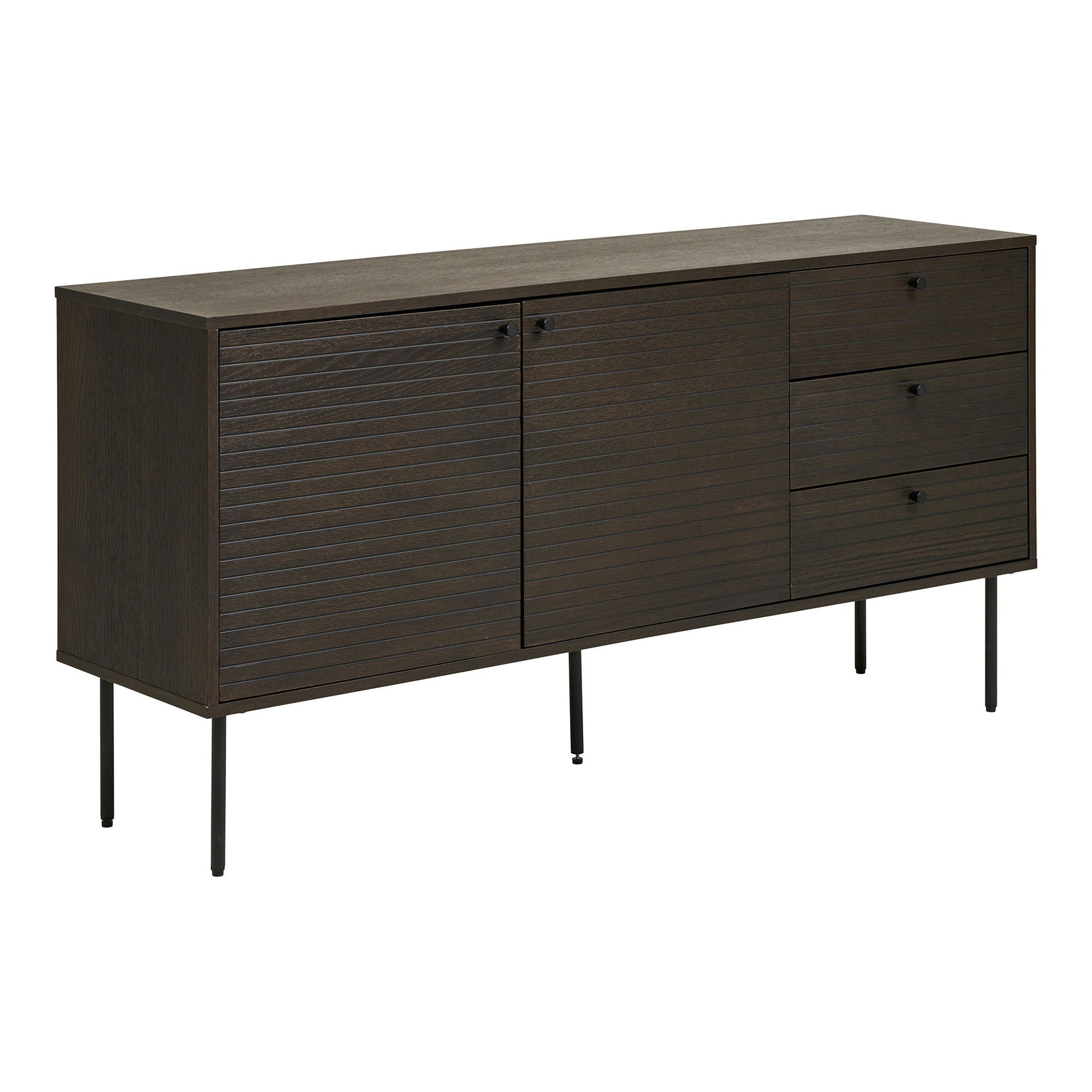 Comoda cu 3 sertare, 2 usi, furnir de stejar afumat, picioare metalice negre