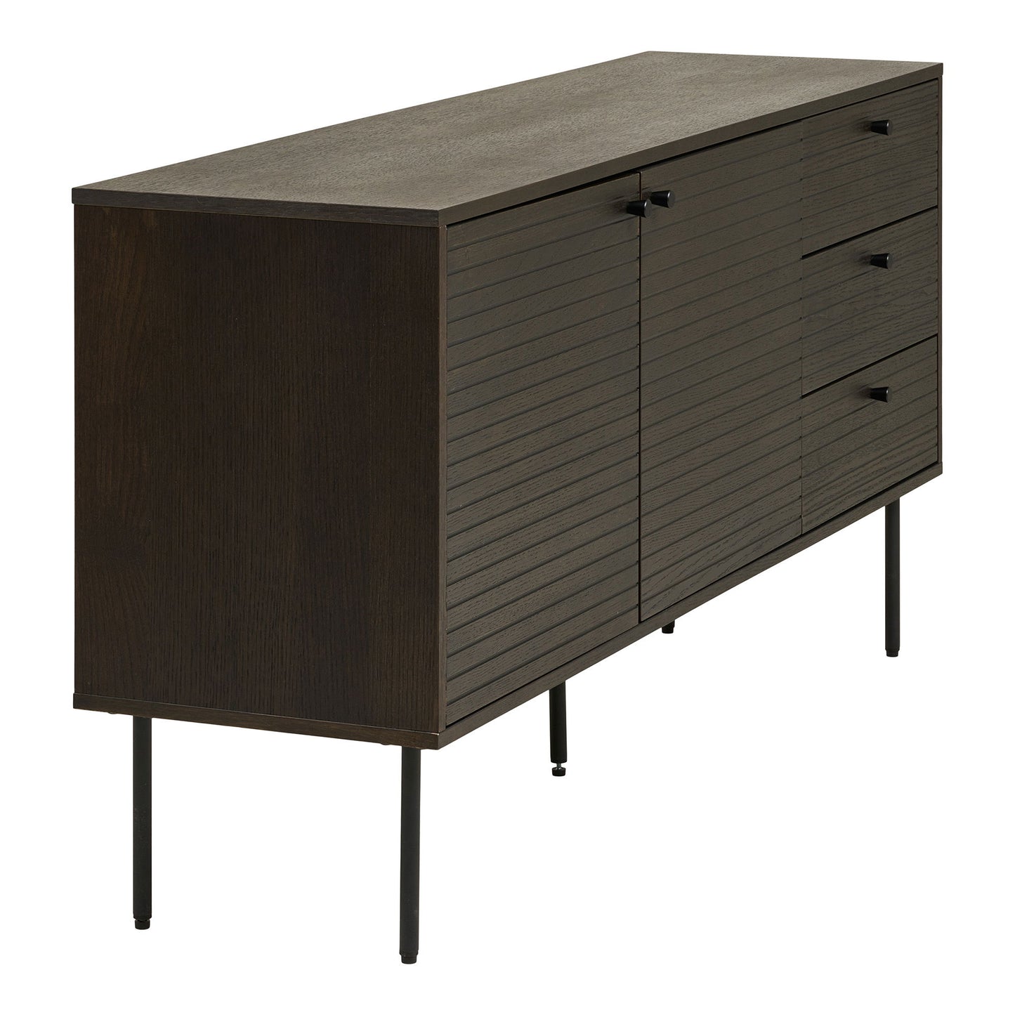 Comoda cu 3 sertare, 2 usi, furnir de stejar afumat, picioare metalice negre