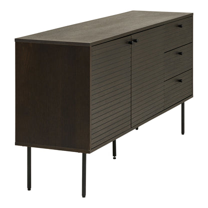 Comoda cu 3 sertare, 2 usi, furnir de stejar afumat, picioare metalice negre