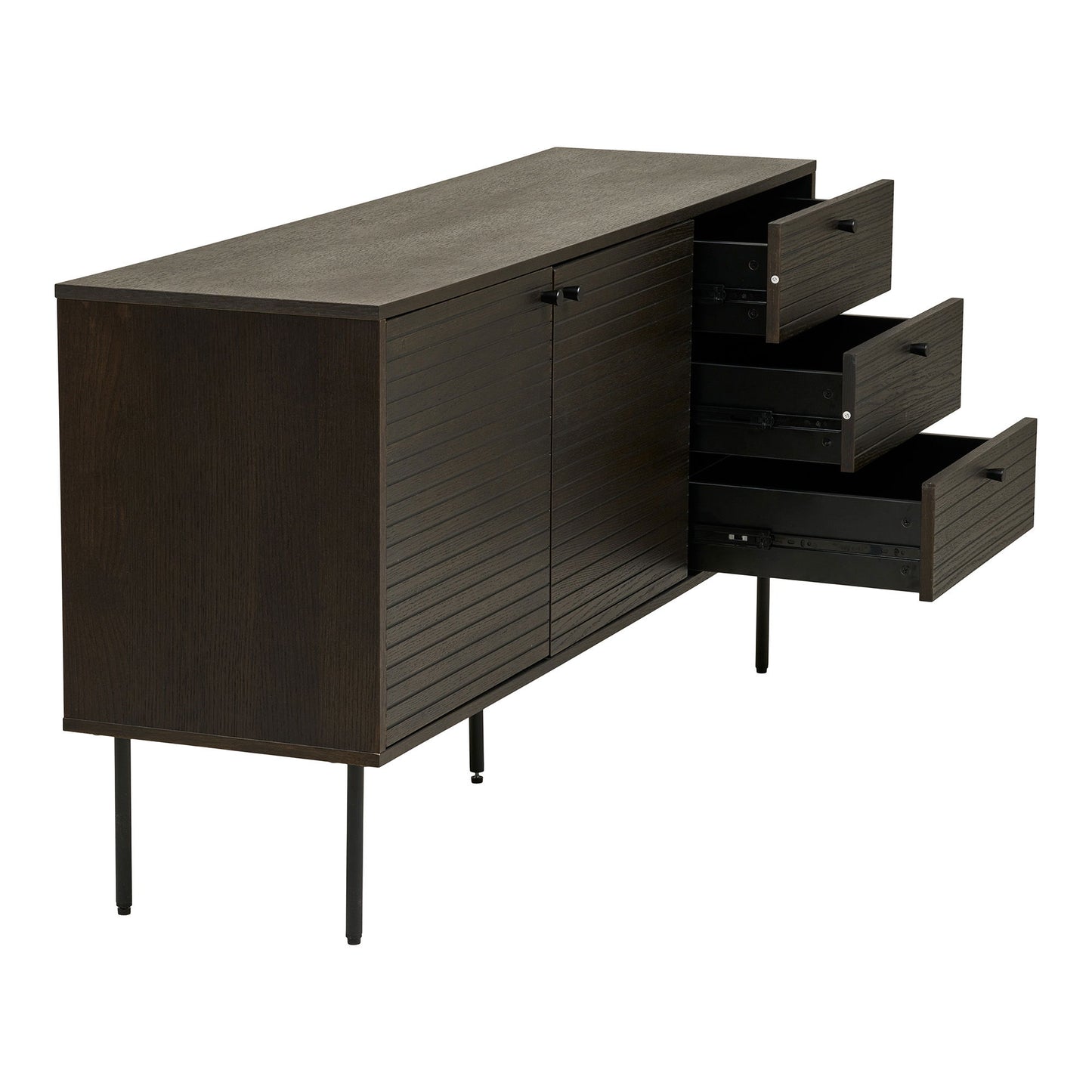 Comoda cu 3 sertare, 2 usi, furnir de stejar afumat, picioare metalice negre