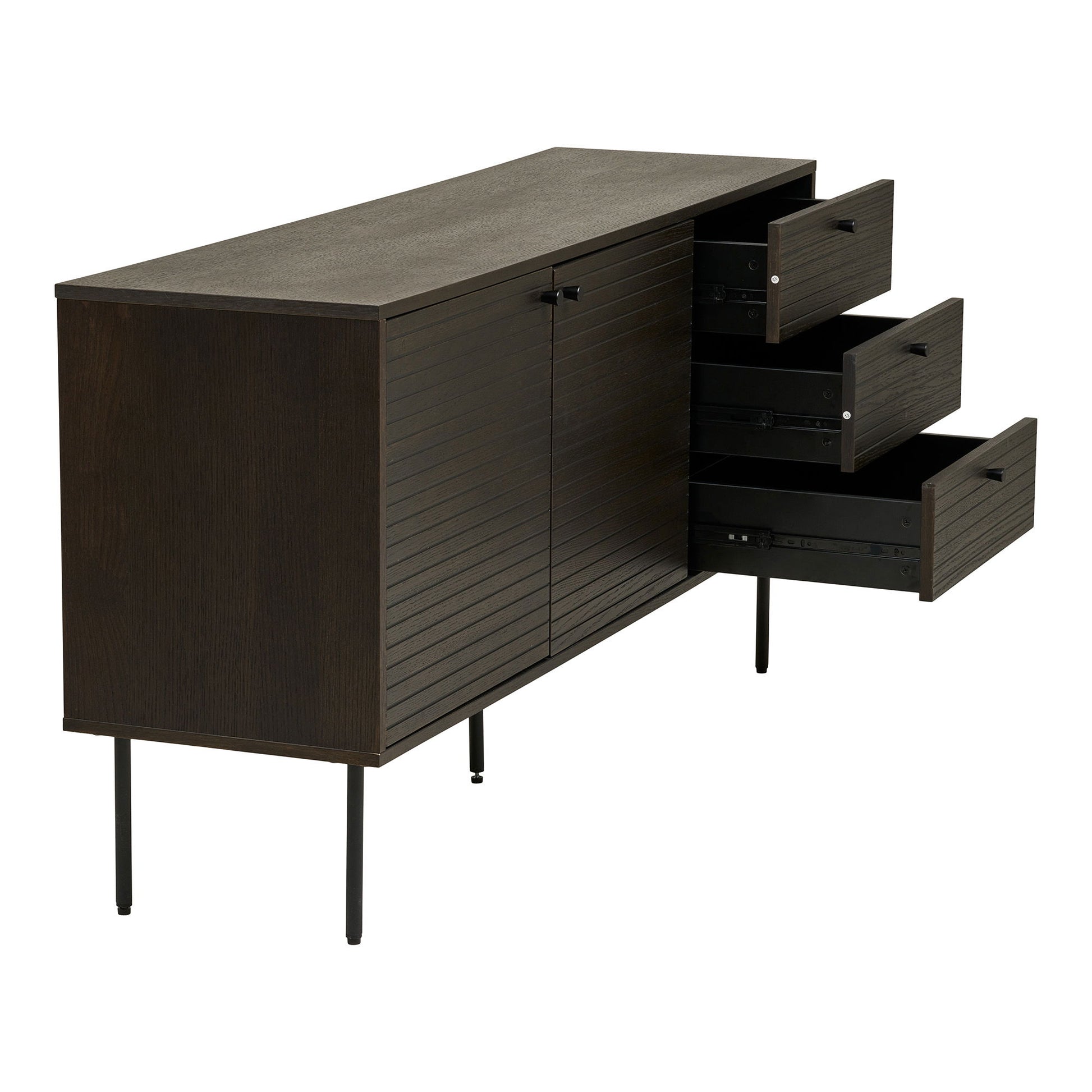Comoda cu 3 sertare, 2 usi, furnir de stejar afumat, picioare metalice negre