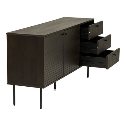 Comoda cu 3 sertare, 2 usi, furnir de stejar afumat, picioare metalice negre