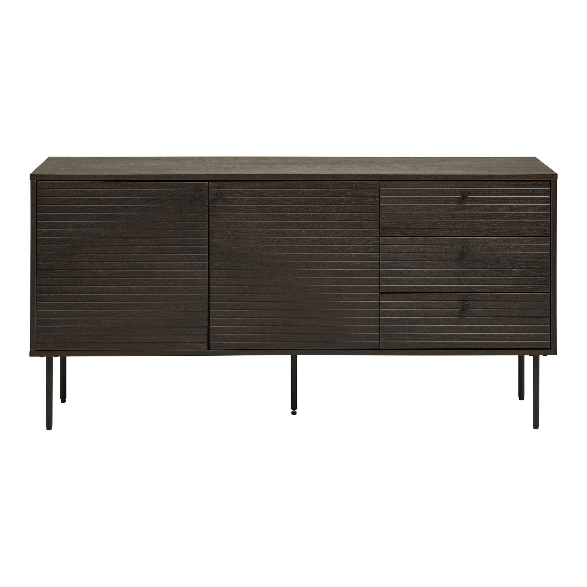 Comoda cu 3 sertare, 2 usi, furnir de stejar afumat, picioare metalice negre