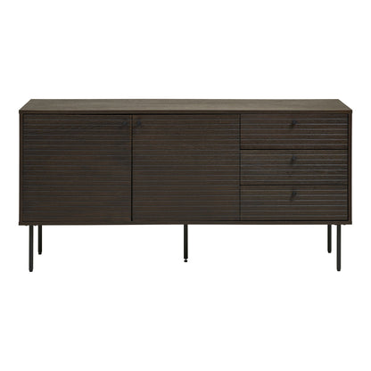 Comoda cu 3 sertare, 2 usi, furnir de stejar afumat, picioare metalice negre