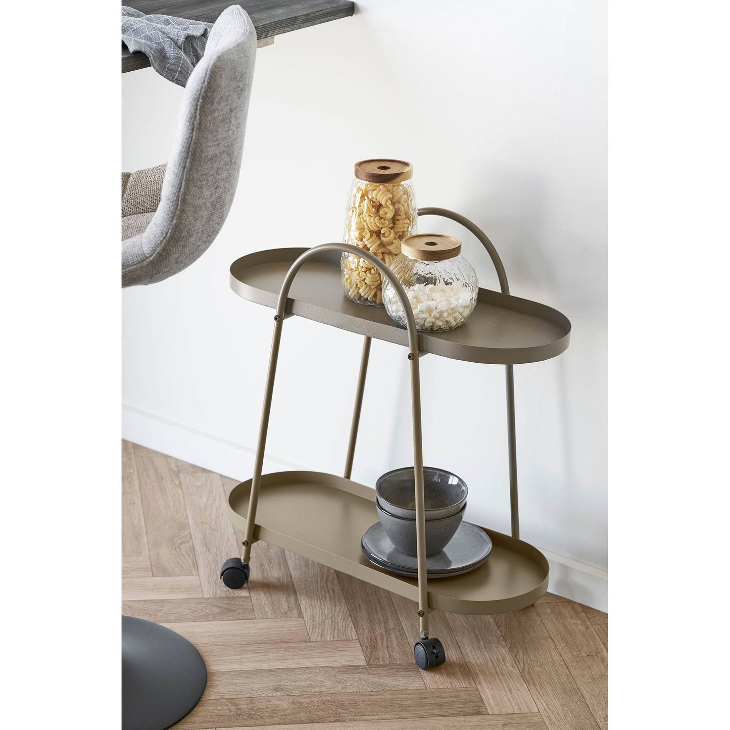 Carucior de bar cu 2 rafturi din otel, maro, in living scandinav