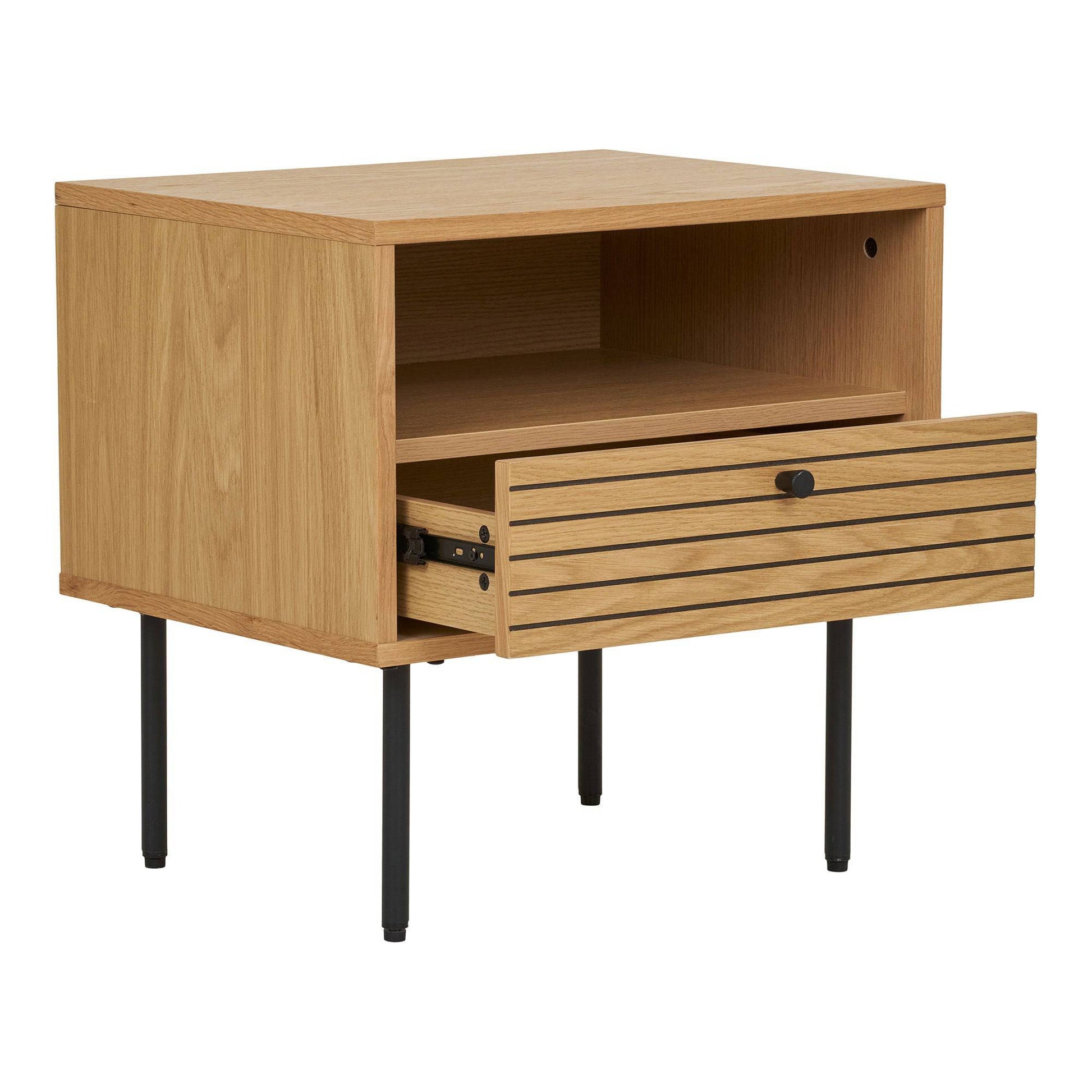 Noptiera cu 1 sertar, furnir de stejar, natur, picioare metalice negre 