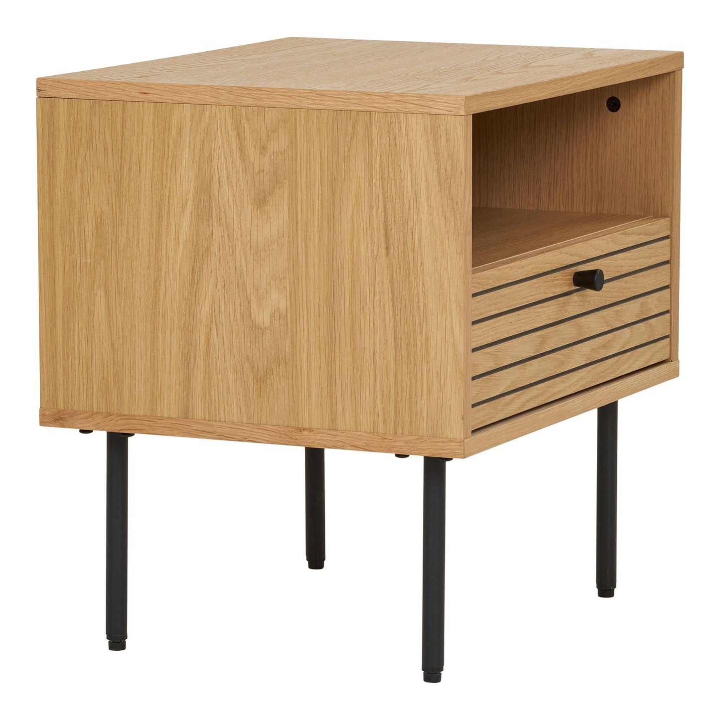 Noptiera cu 1 sertar, furnir de stejar, natur, picioare metalice negre 