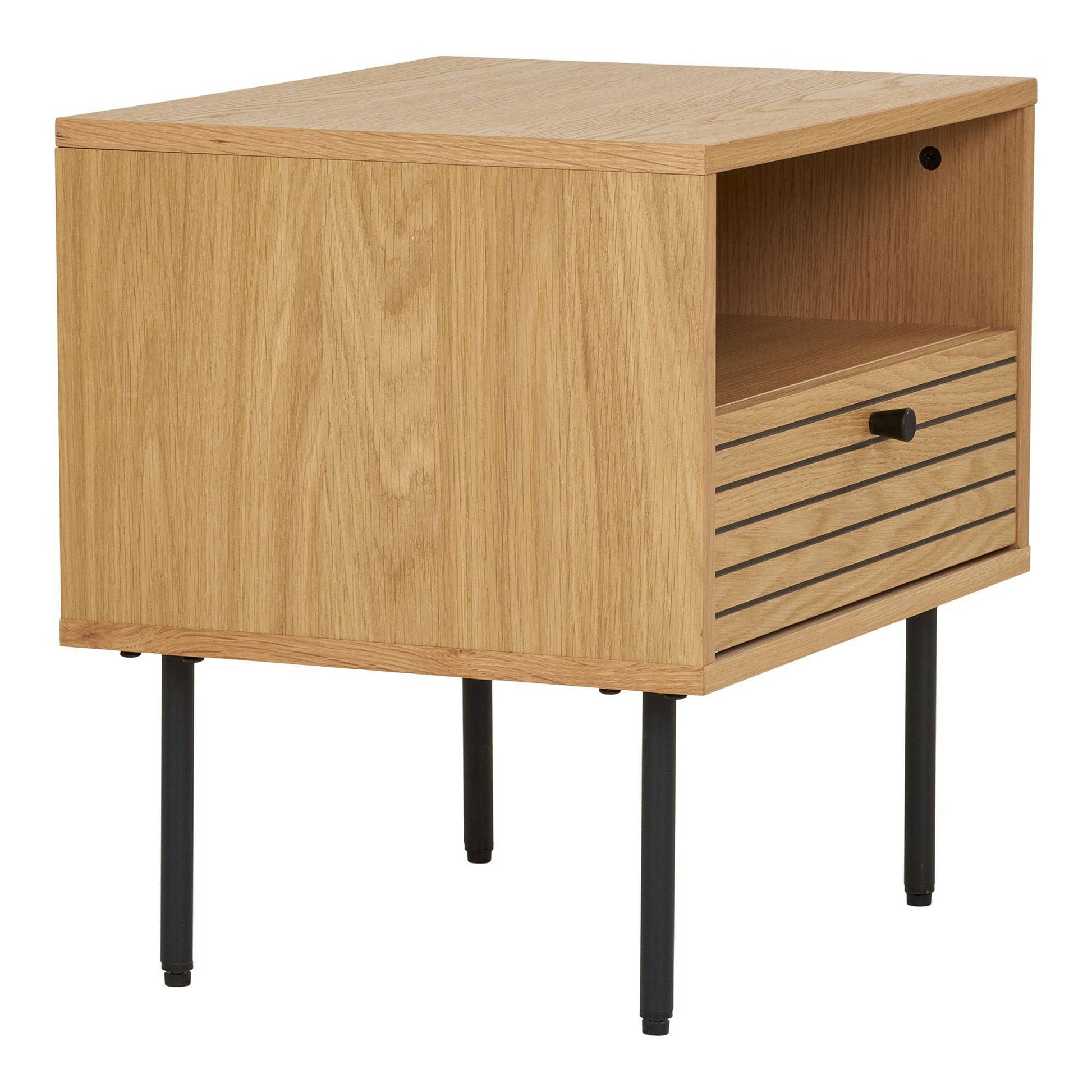 Noptiera cu 1 sertar, furnir de stejar, natur, picioare metalice negre 