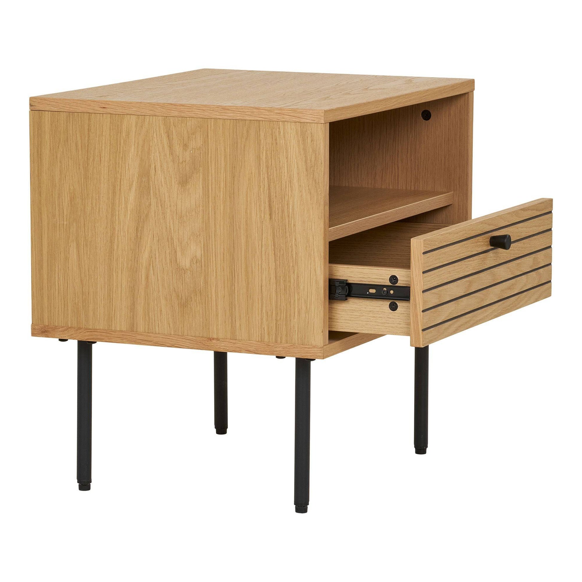 Noptiera cu 1 sertar, furnir de stejar, natur, picioare metalice negre 