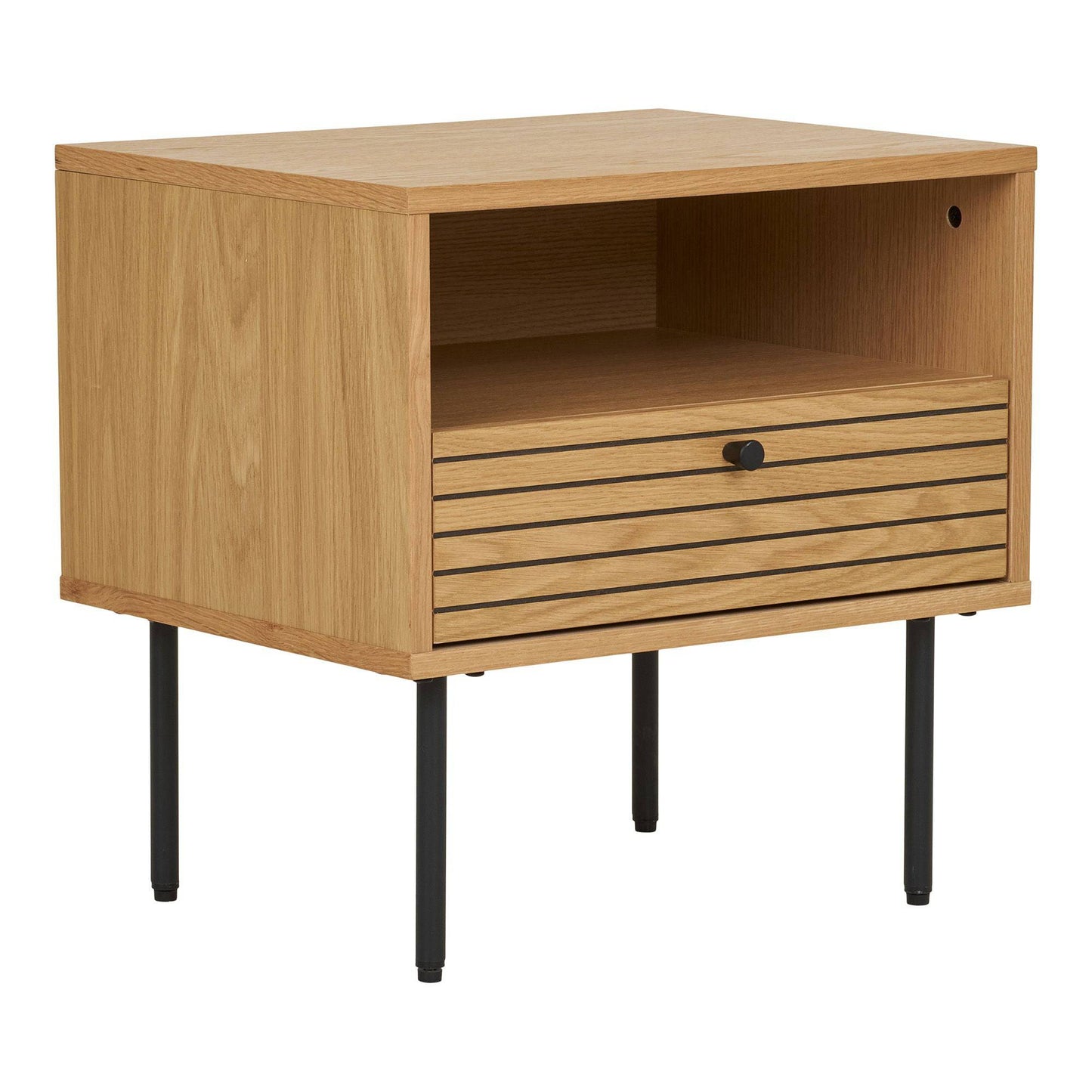 Noptiera cu 1 sertar, furnir de stejar, natur, picioare metalice negre 