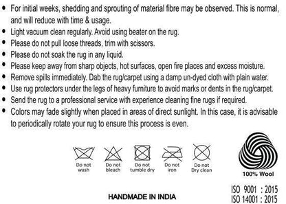 Instructiuni de ingrijire pentru covor din lana, cu text si simboluri