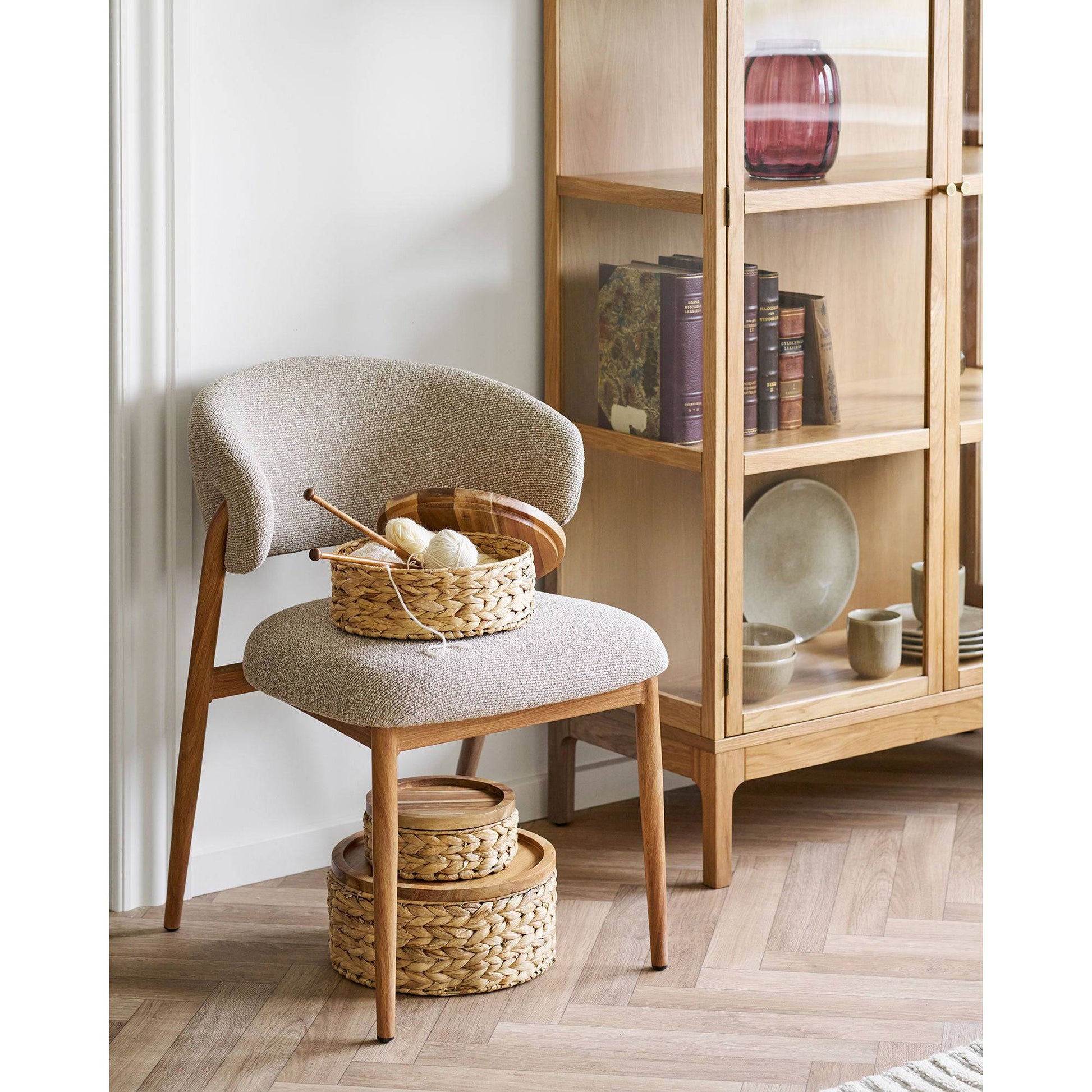 cos cu capac din lemn, zambila de apa, natur, set de 3, in living scandinav