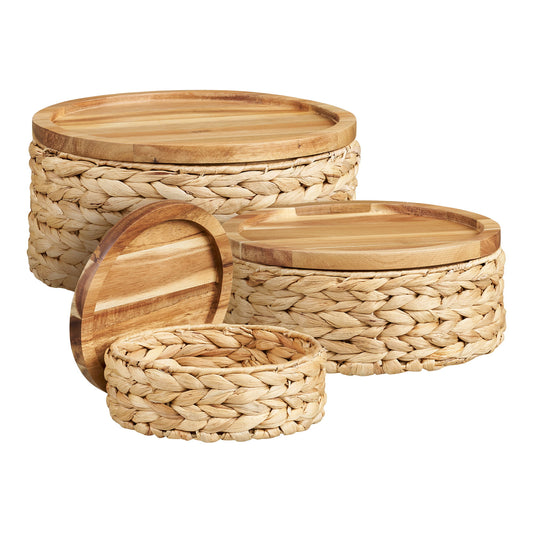 cos cu capac din lemn, zambila de apa, natur, set de 3
