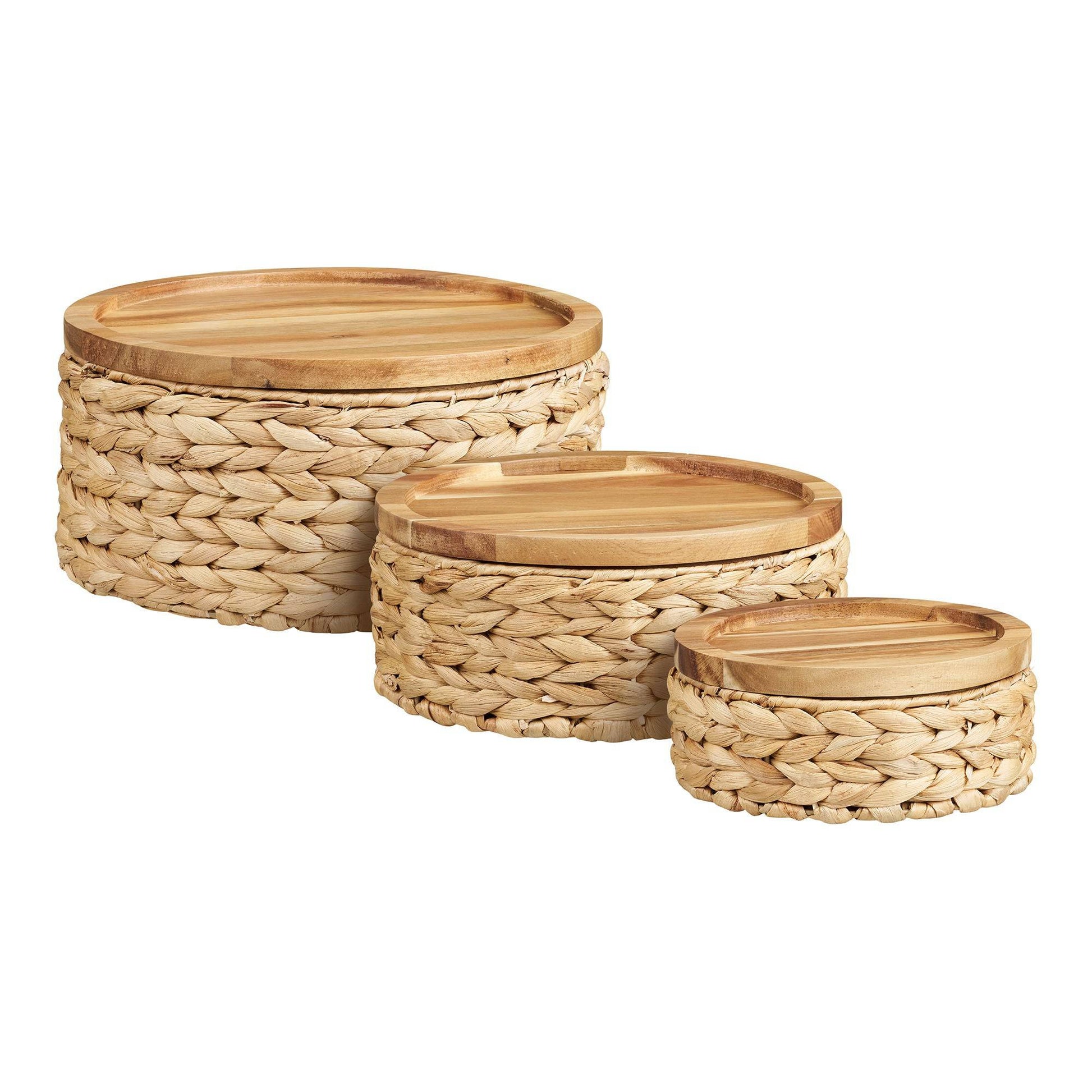 cos cu capac din lemn, zambila de apa, natur, set de 3