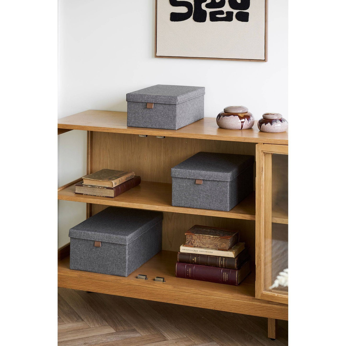 Cutii de depozitare, textil, gri inchis, set de 3