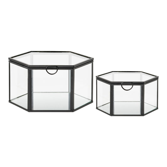  Cutie din sticla/metal, transparent/negru, set de 2