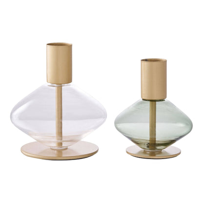 Suport pentru lumanare din sticla/metal, transparent/verde, set de 2