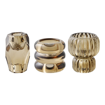 Suport pentru lumanare din sticla, maro afumat, set de 3