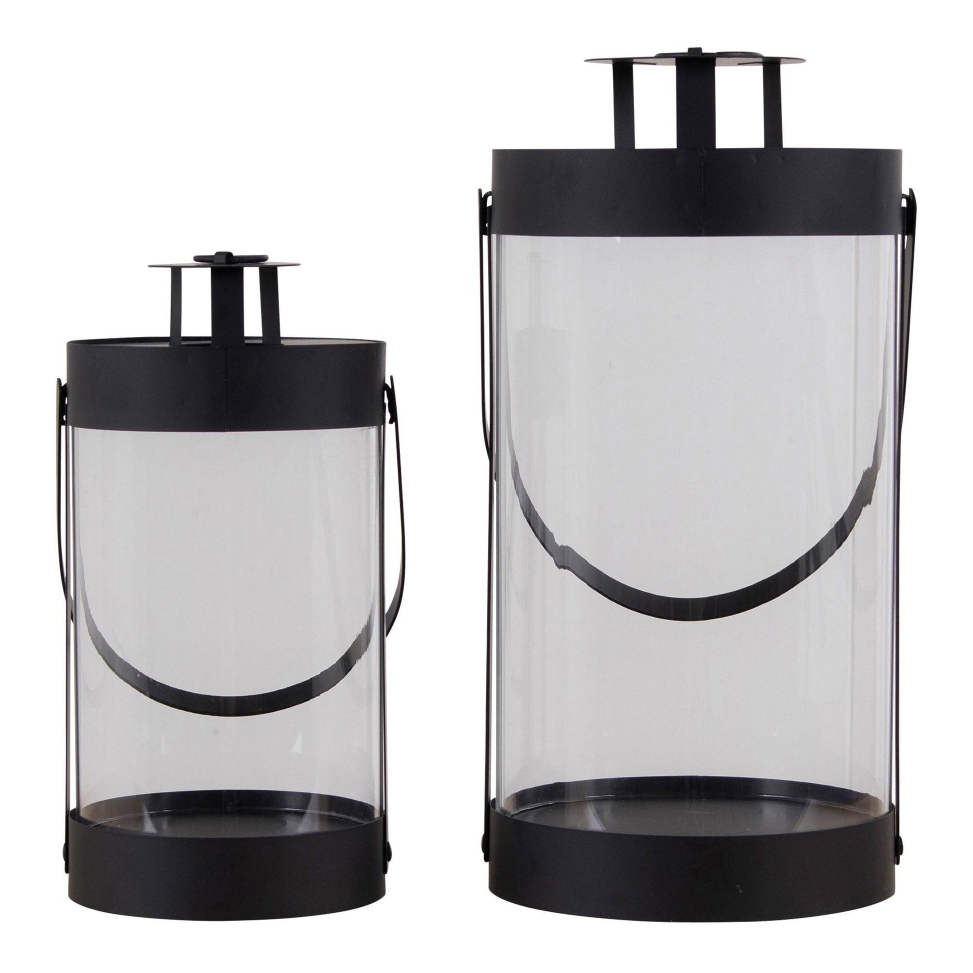 Felinare din otel/sticla pentru lumanari, negru set de 2