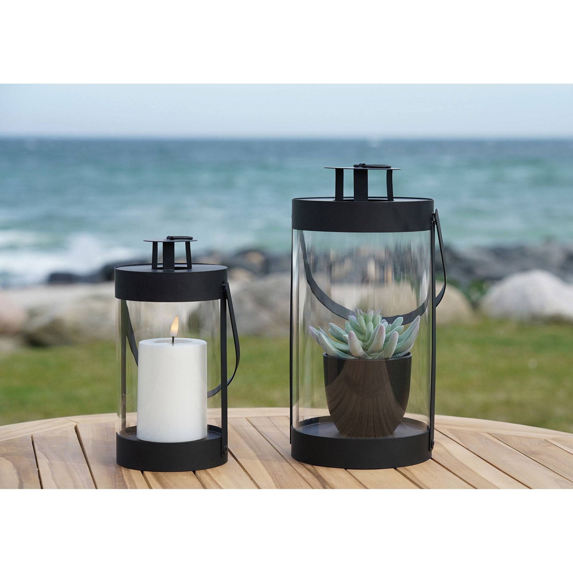 Felinare din otel/sticla pentru lumanari, negru set de 2