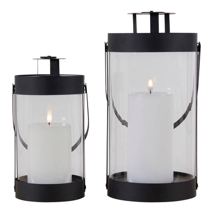 Felinare din otel/sticla pentru lumanari, negru set de 2