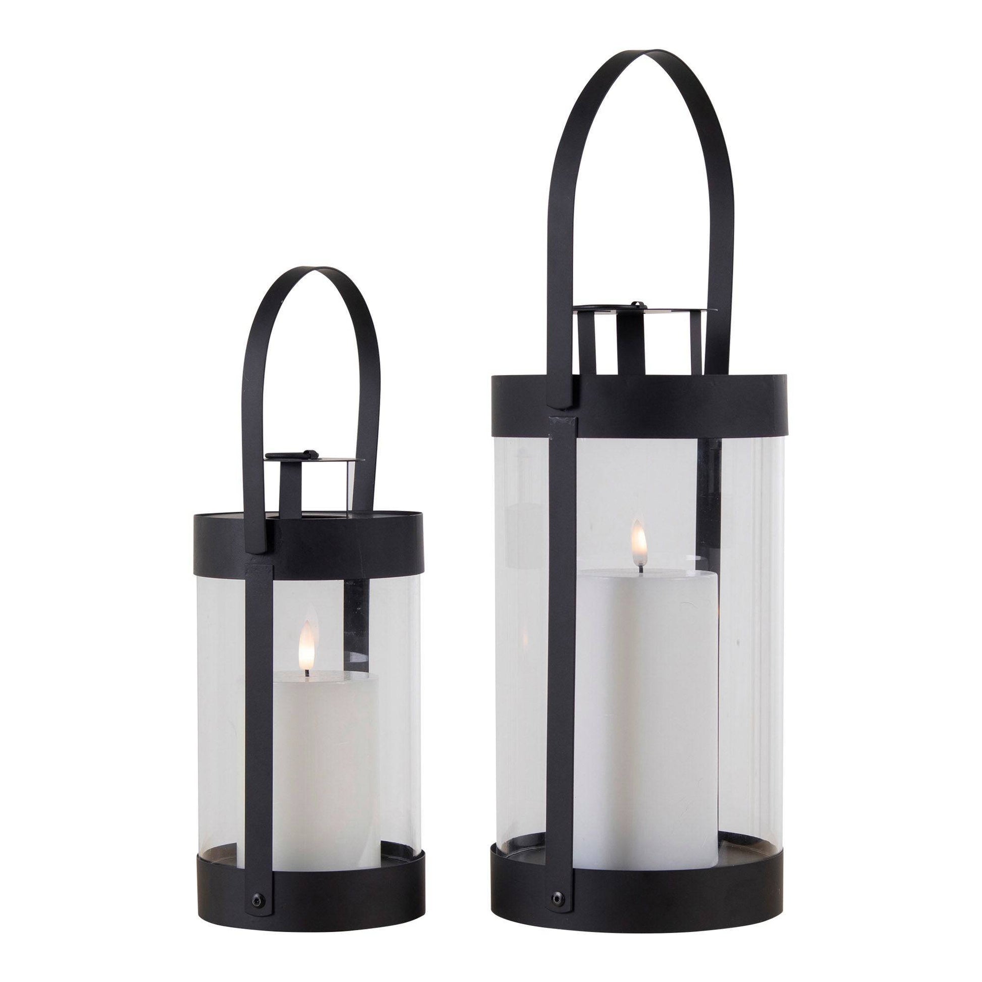 Felinare din otel/sticla pentru lumanari, negru set de 2