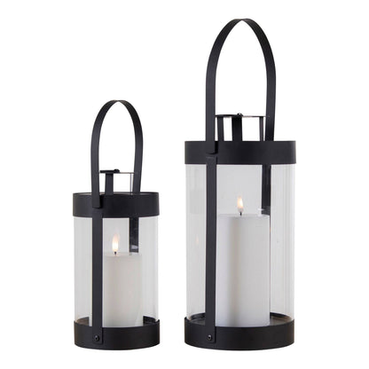 Felinare din otel/sticla pentru lumanari, negru set de 2