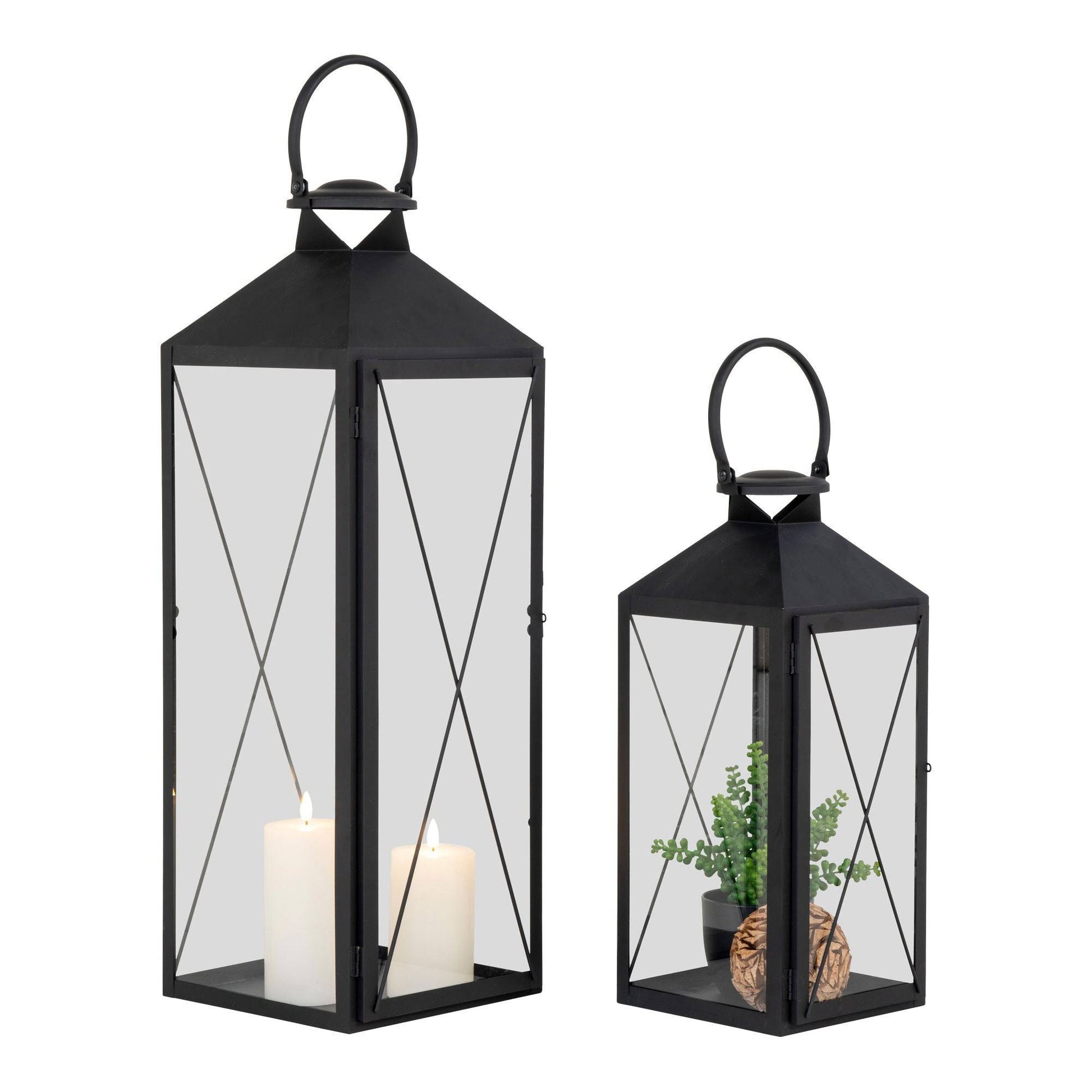 Felinare din otel/sticla pentru lumanari, negru set de 2