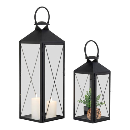 Felinare din otel/sticla pentru lumanari, negru set de 2