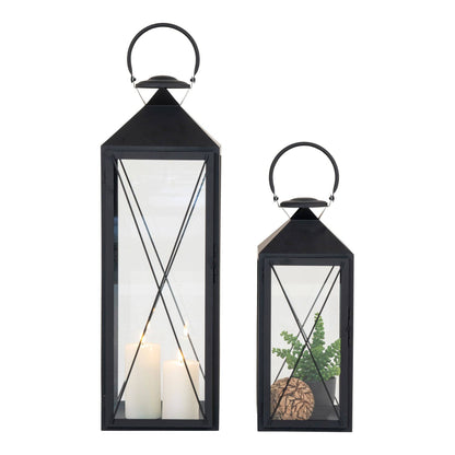 Felinare din otel/sticla pentru lumanari, negru set de 2