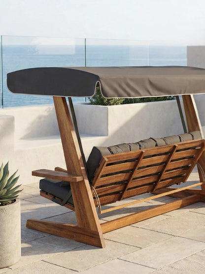 Leagăn de grădină Luna Premium din lemn, cu pernă și umbrelă gri antracit, pe terasă, vedere din spate
