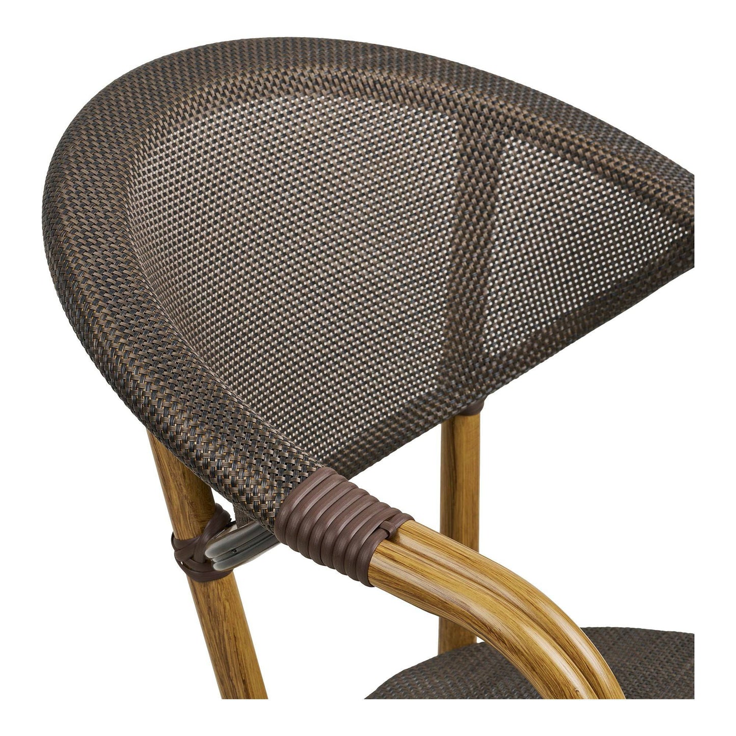 Scaun de dining din aluminiu, textil, maro inchis, cadru cu aspect bambus, detaliu