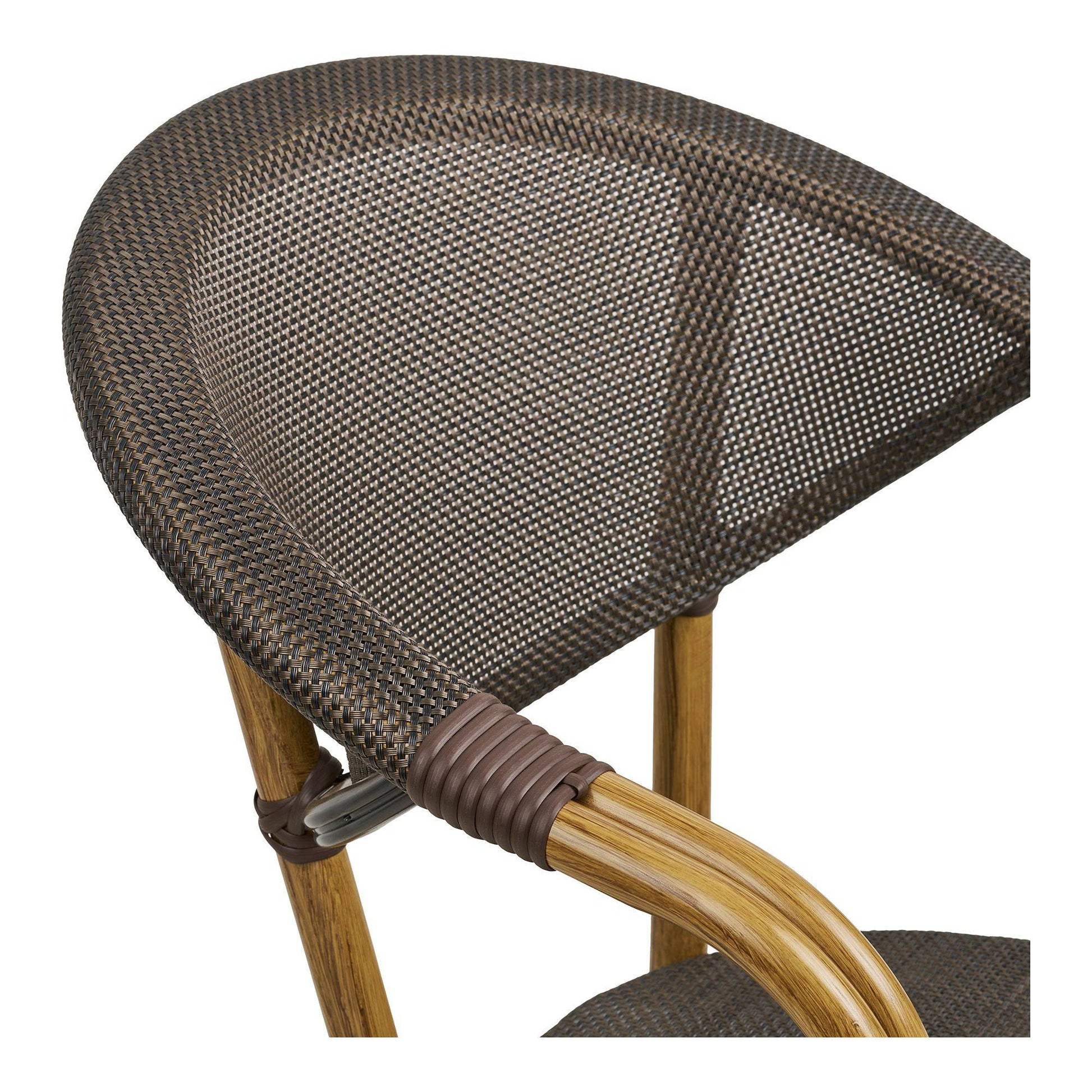 Scaun de dining din aluminiu, textil, maro inchis, cadru cu aspect bambus, detaliu