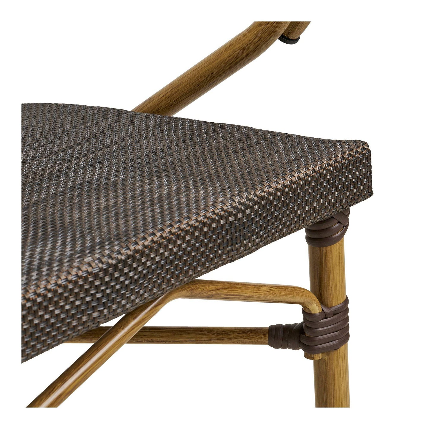 Scaun de dining din aluminiu, textil, maro inchis, cadru cu aspect bambus, detaliu