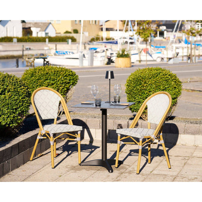 Scaun de dining din aluminiu/textil, gri cu cadru cu aspect de bambus, pe terasa
