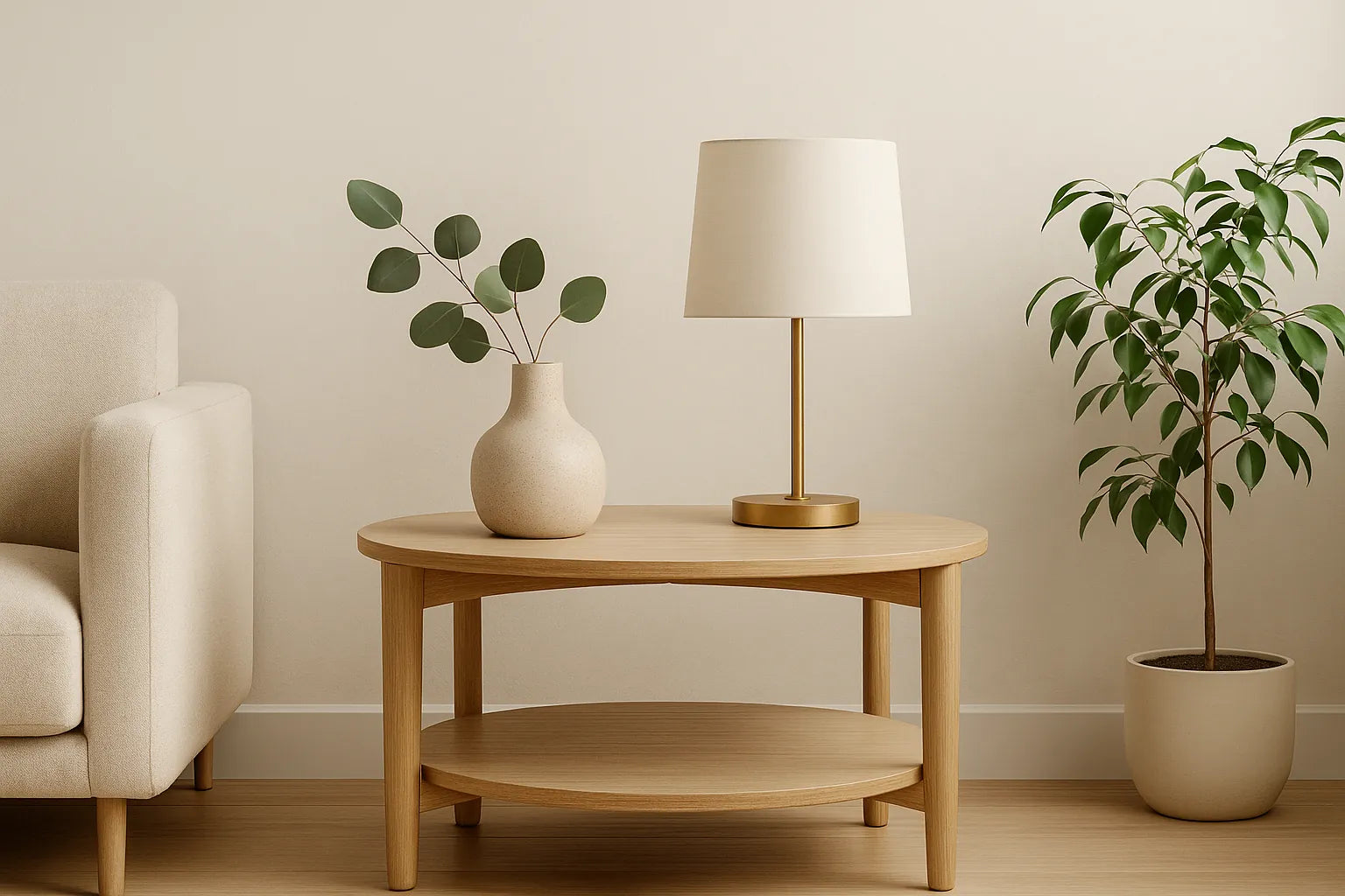 Masa din lemn cu lampa, veioza si o planta, intr-o sufrarie moderna.