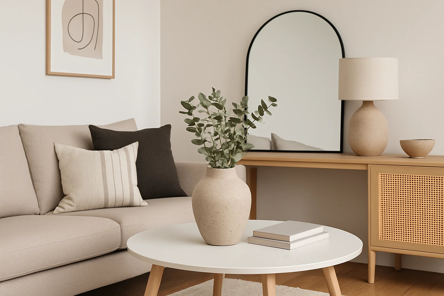 Sufragerie moderna, cu masa, veioza si bol decorativ