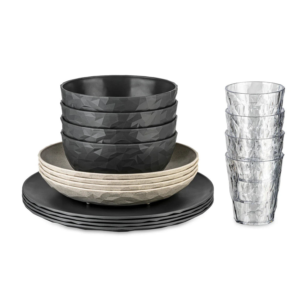 Set veselă camping 16 piese Koziol CLUB GÖTEBORG gri inchis, pe fundal alb